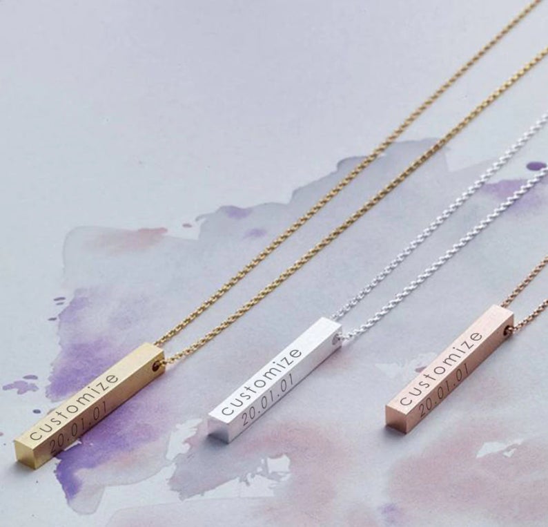 Amazon.com: Personalized 4 Sided Vertical Bar Necklace Custom Text Engraved  3D Bar Pendant Stainless Steel Coordinate Jewelry for Couples : Handmade  Products